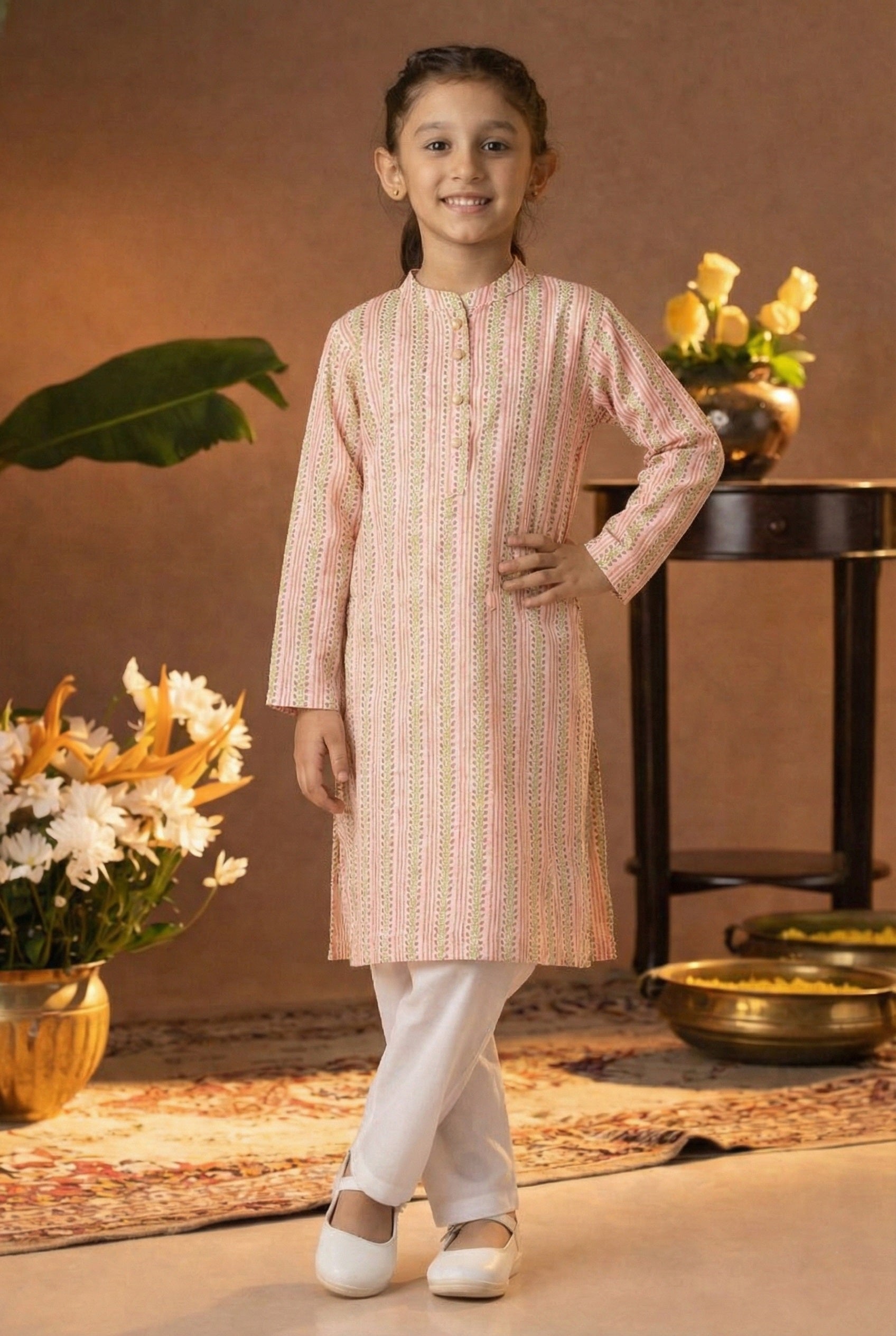 Printed Cotton Kurta Pyjama Set For Girls (K1052)