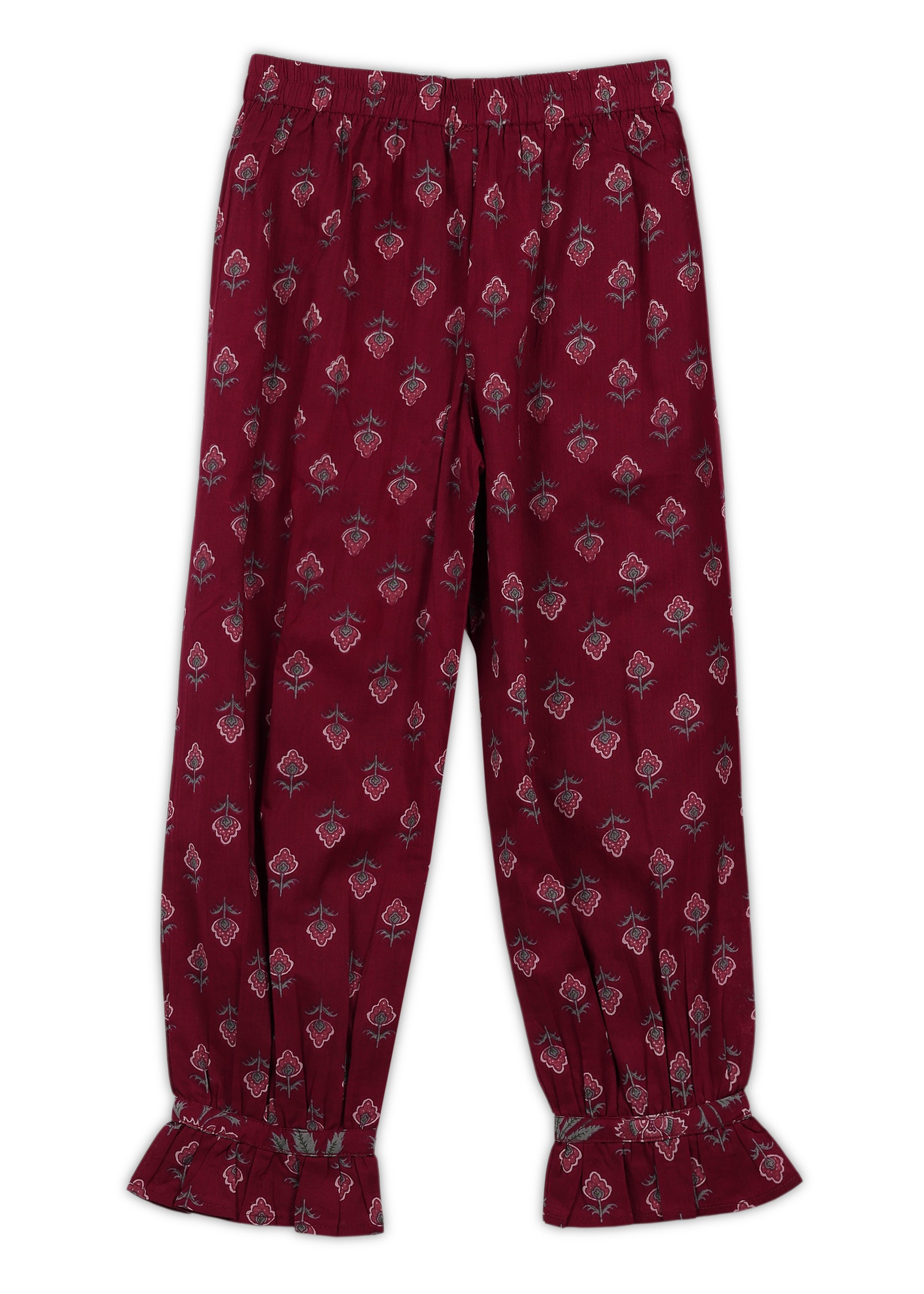 Girls Maroon Printed Cotton A-line Kurta And Pant Set (K1091)