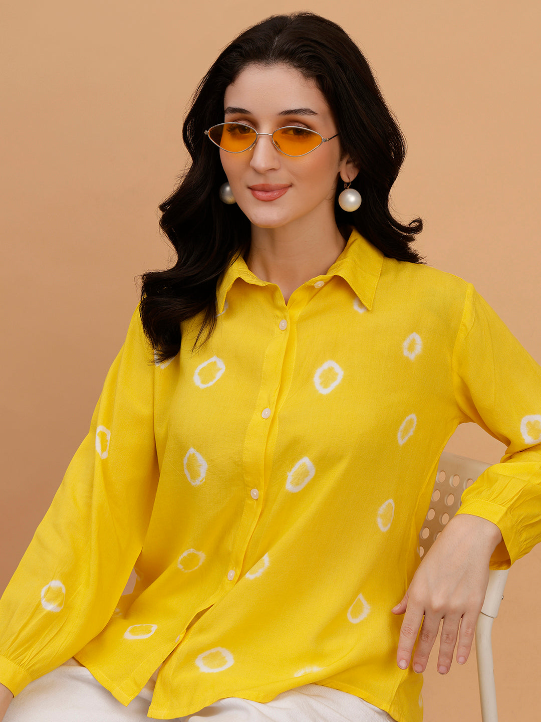 Women Hand Tie & Dye Yellow Rayon Casual Shirt (W1797)