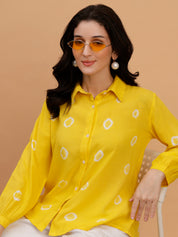 Women Hand Tie & Dye Yellow Rayon Casual Shirt (W1797)