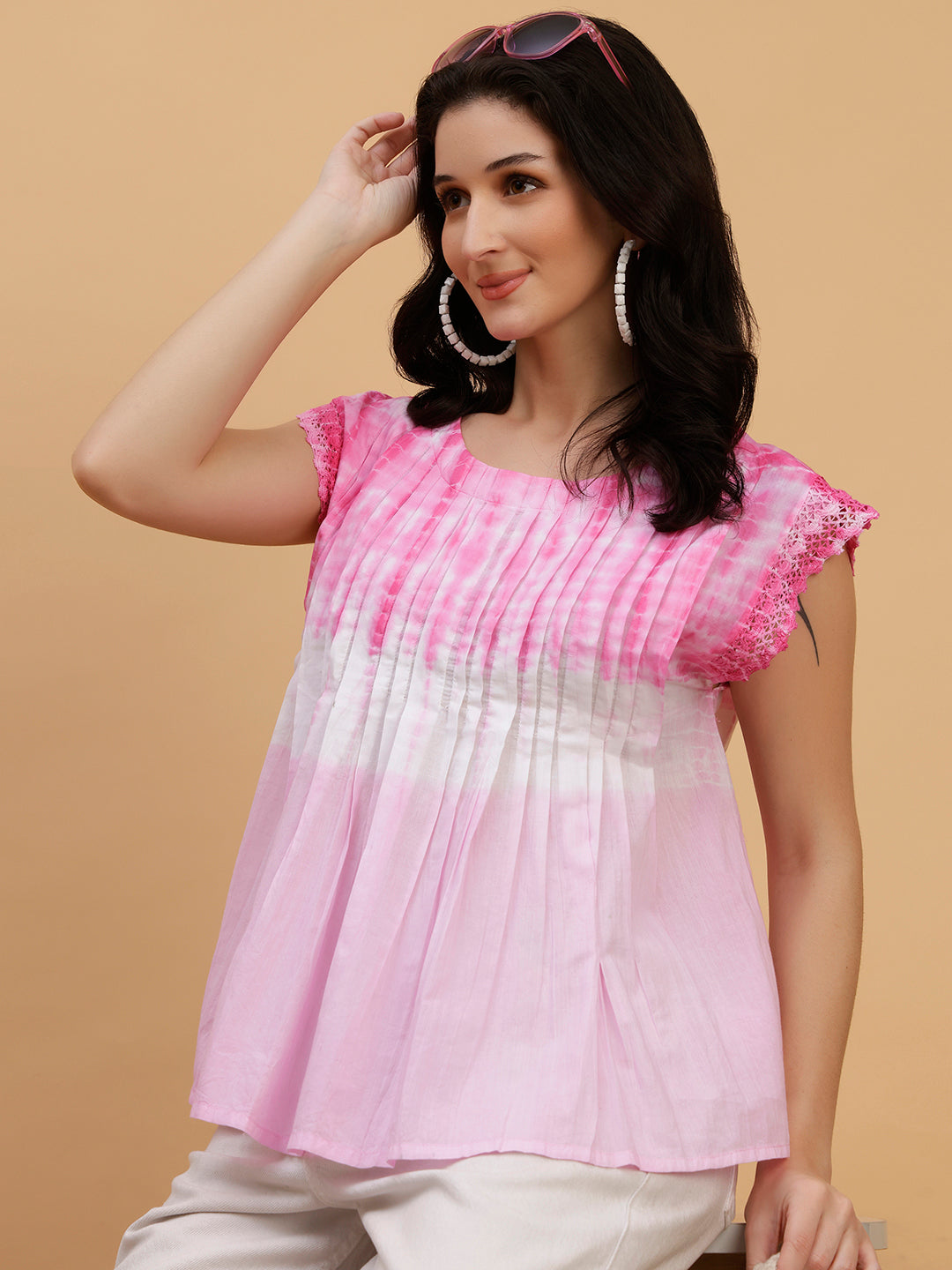 Women Pink-White Tie & Dye Camric Casual Top (W1805)