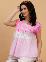Women Pink-White Tie & Dye Camric Casual Top (W1805)
