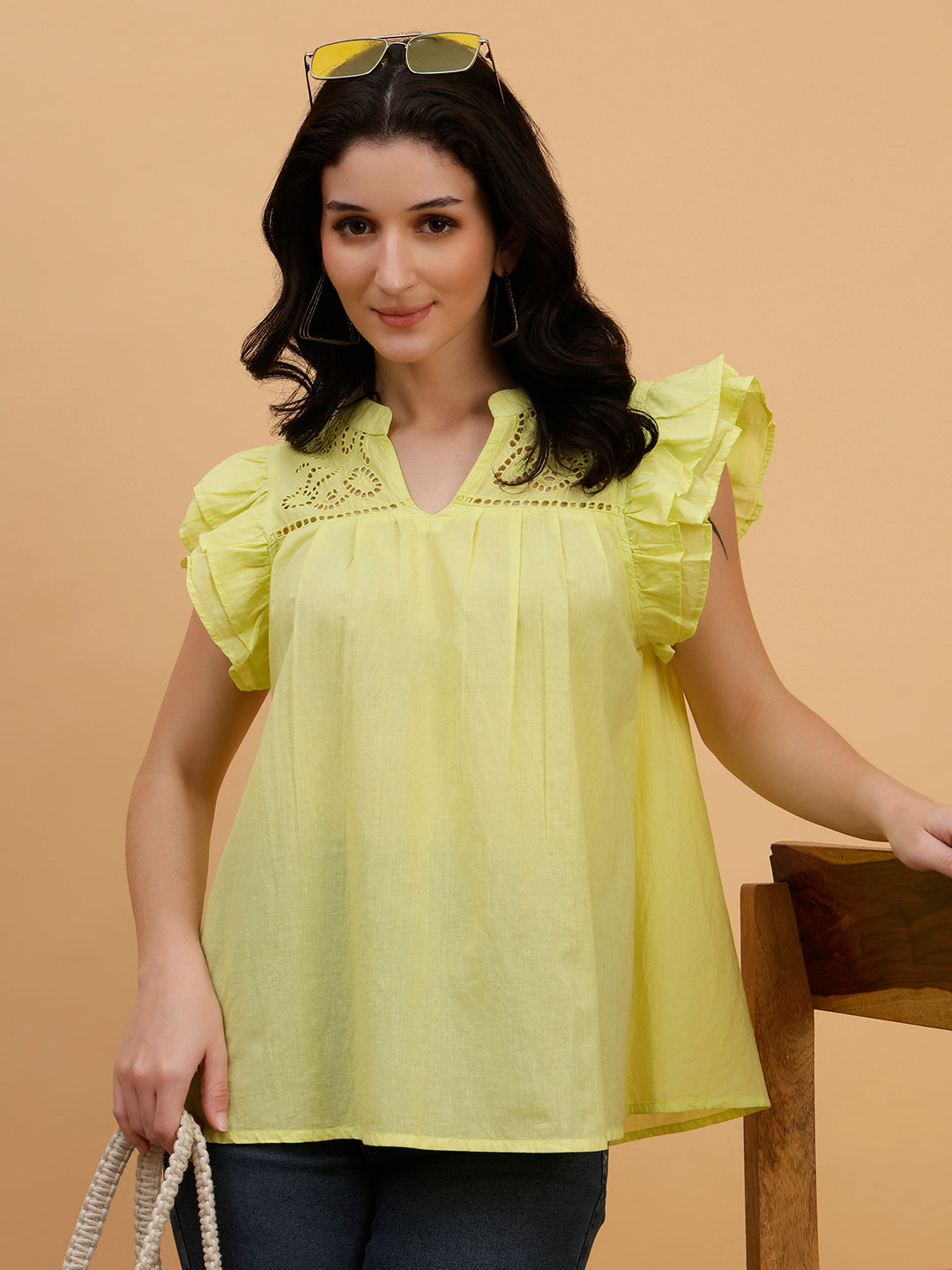 Women Yellow Tie-Dye Camric Casual Regular Fit Top (W1801)