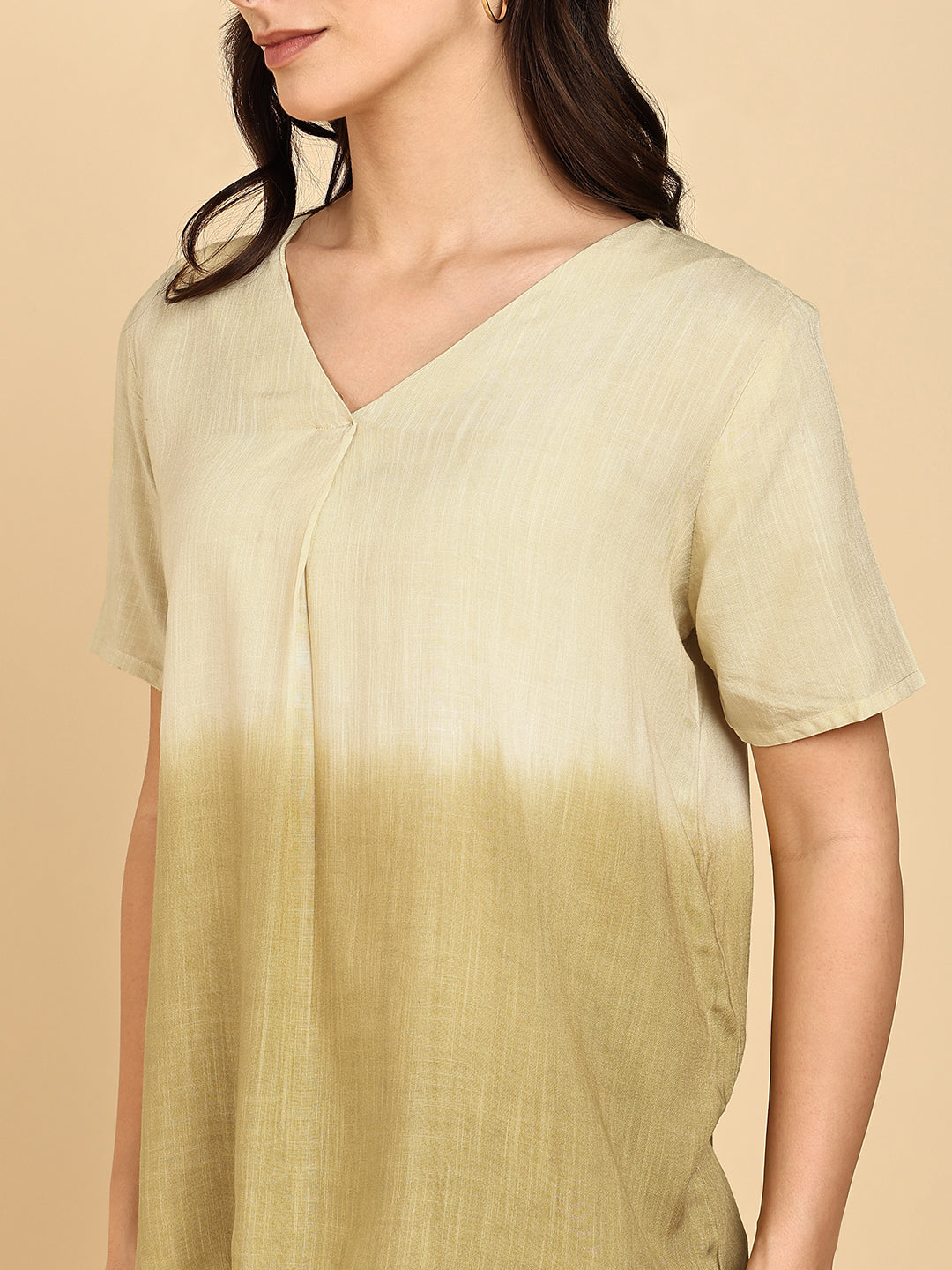 Women Casual Rayon Slub Tie & Dye V-Neck Short Sleeves Regular Fit Top (W1685)