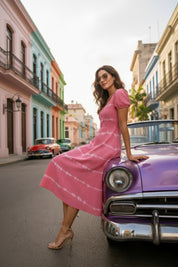 Women Handmade Floral Rayon Flared Pink Dress (W1610)