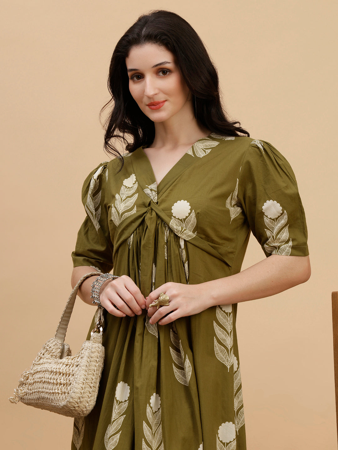 Women Olive Green Printed Camric A-Line Dress (W1813)