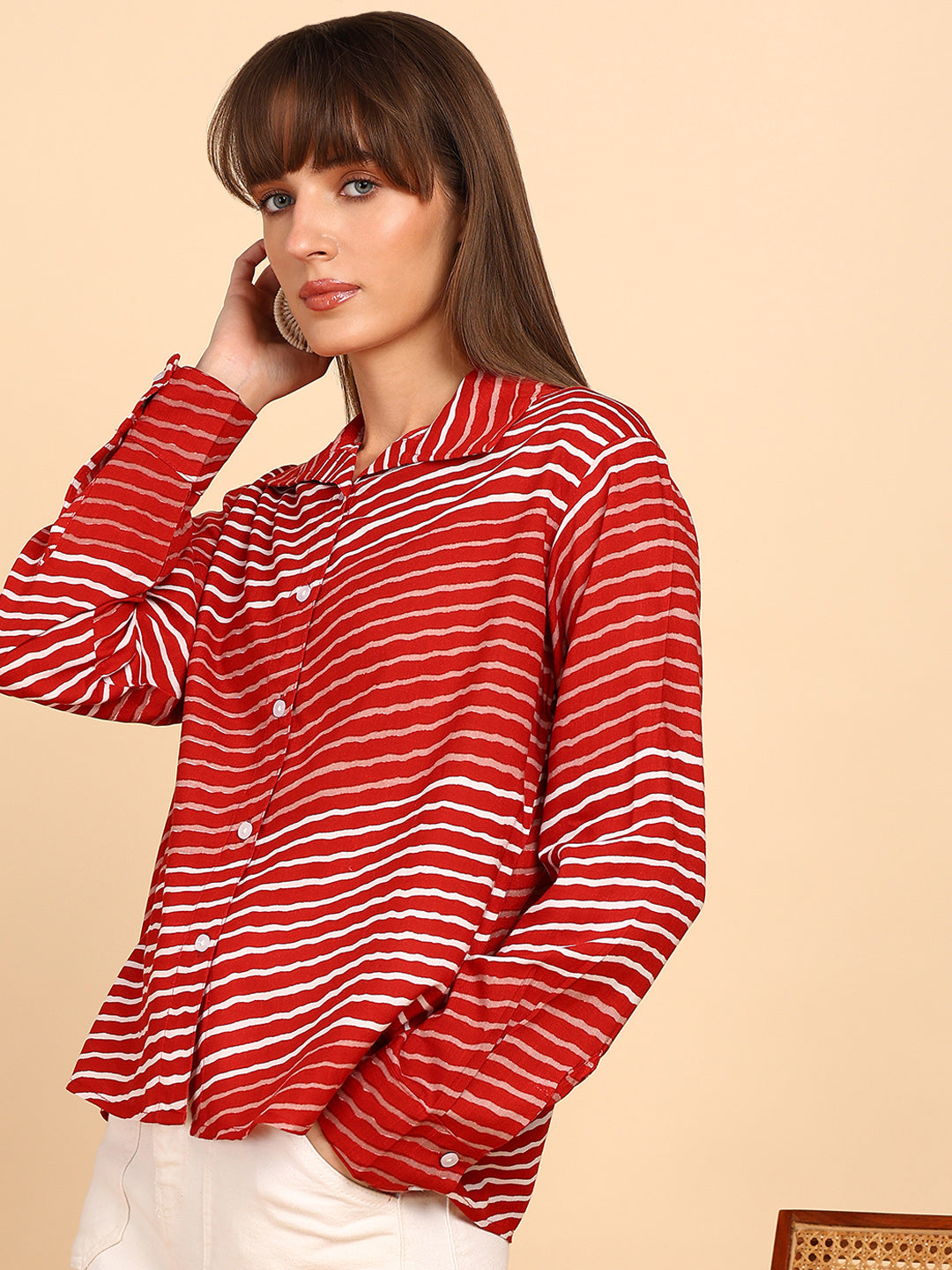 Women Rayon Slub Leheriya Print Spread Collar Regular Fit Shirt (W1760)