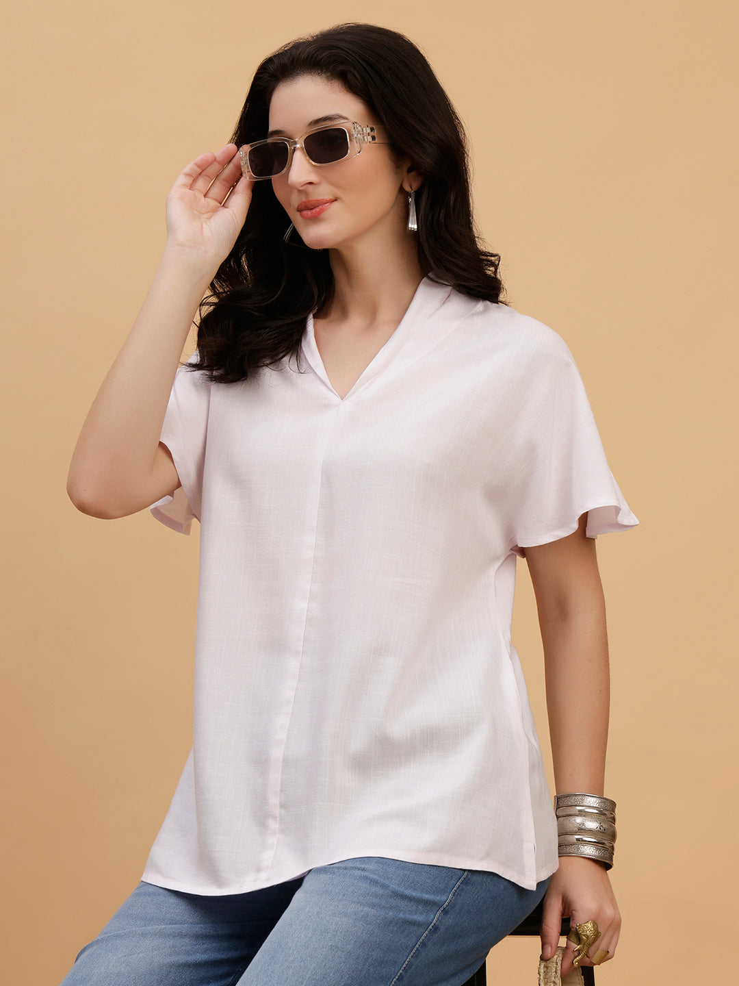 Women White Solid Rayon Casual Top (W1788)