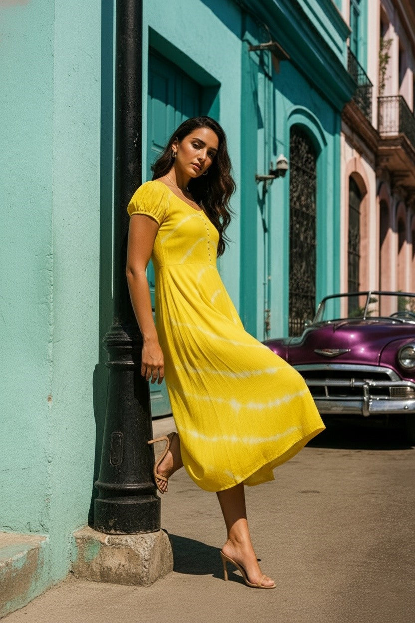 Rayon Tie Dye Yellow Dress (W1280)