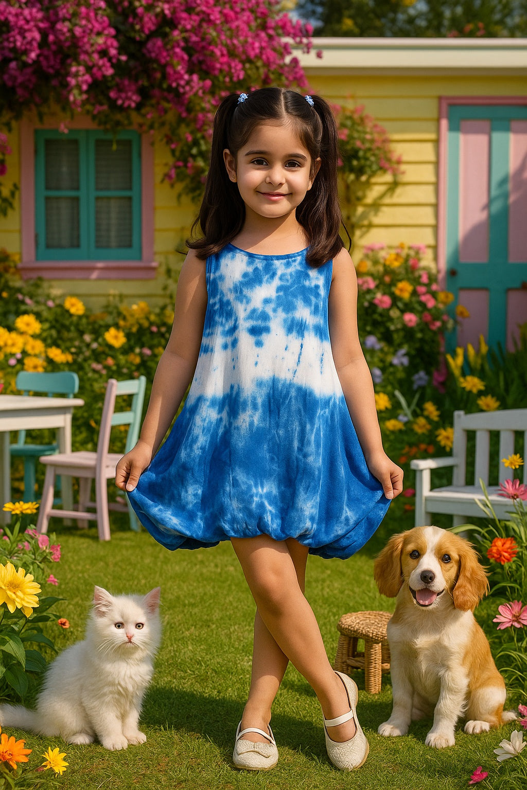 Tie & Dye Rayon Staple Fit and Flare Blue Dress for Girls (K11060)