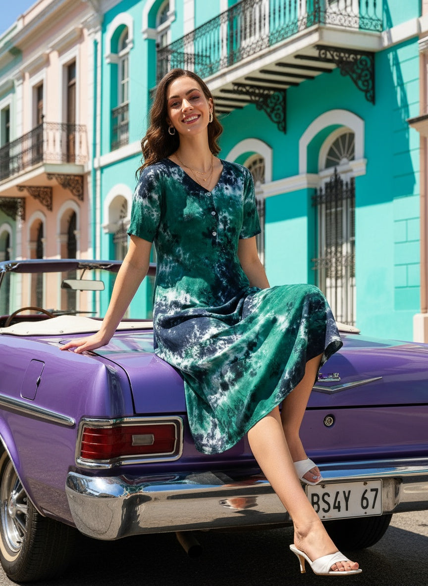 Rayon Tie Dye Sea Green A-Line Midi Dress (W1257)
