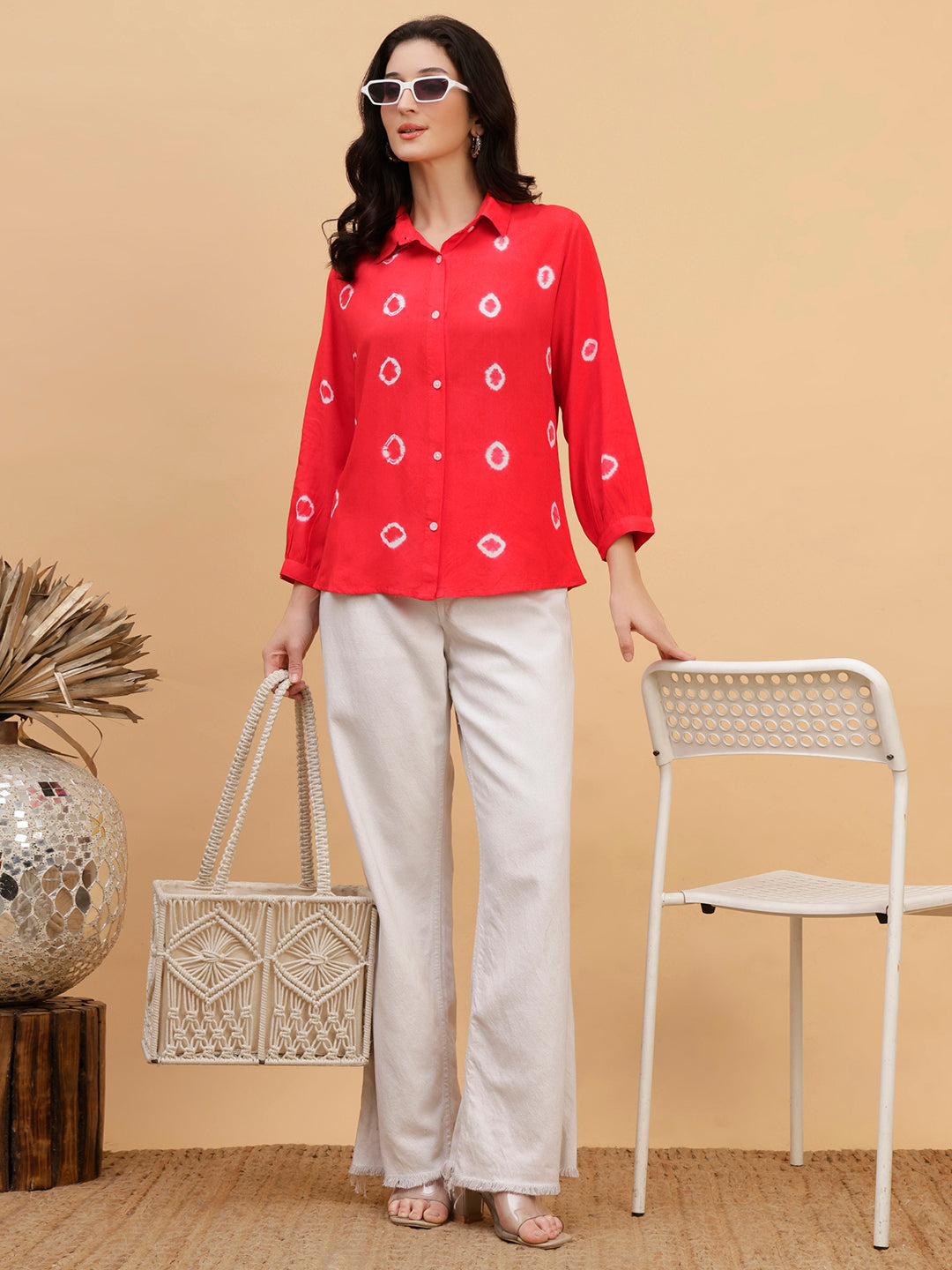 Women Red Tie-Dye Casual Rayon Regular Fit Shirt (W1795)