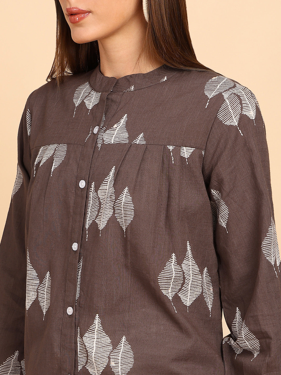 Women Cotton Slub Printed Mandarin Collar Regular Fit Shirt (W1766)