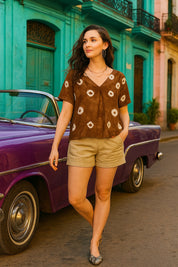 Half Sleeves Tie Dyed Front Pleated Rayon Top (W1473)