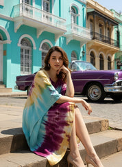 Women Rayon Tie & Dye Spiral Pink Yellow Kaftan Dress (W1347)