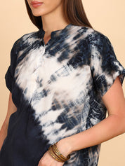 Women Rayon Slub Tie & Dye Mandarin Collar Regular Fit Top (W1771)