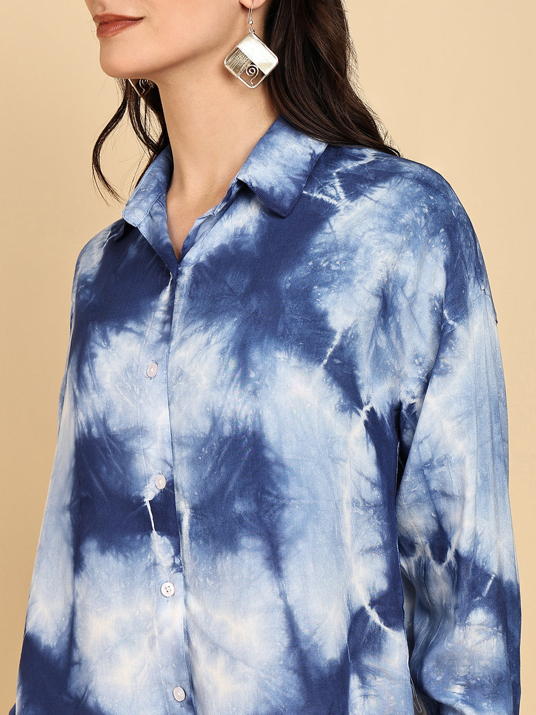 Women Casual Rayon Staple Tie & Dye Spread Collar Full Sleeves Loose Fit Shirt (W1697)