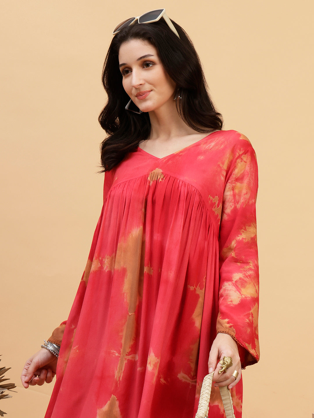 Women Hand Tie & Dye Red Rayon A-Line Dress (W1803)