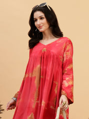 Women Hand Tie & Dye Red Rayon A-Line Dress (W1803)