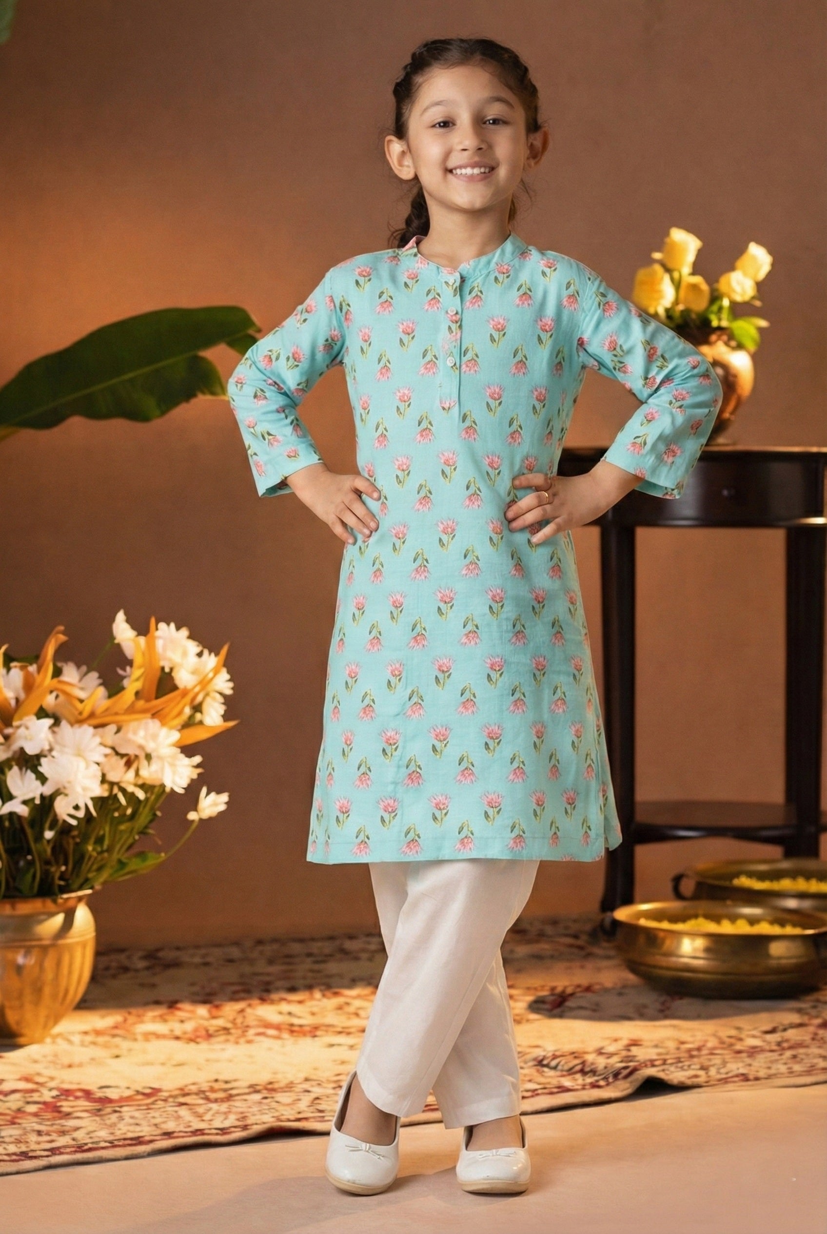 Printed Cotton Kurta Pyjama Set For Girls (K1049)