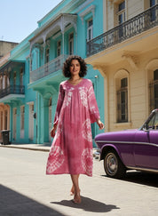 Women Handmade Floral Print Rayon Flared Pink Dress (W1597)