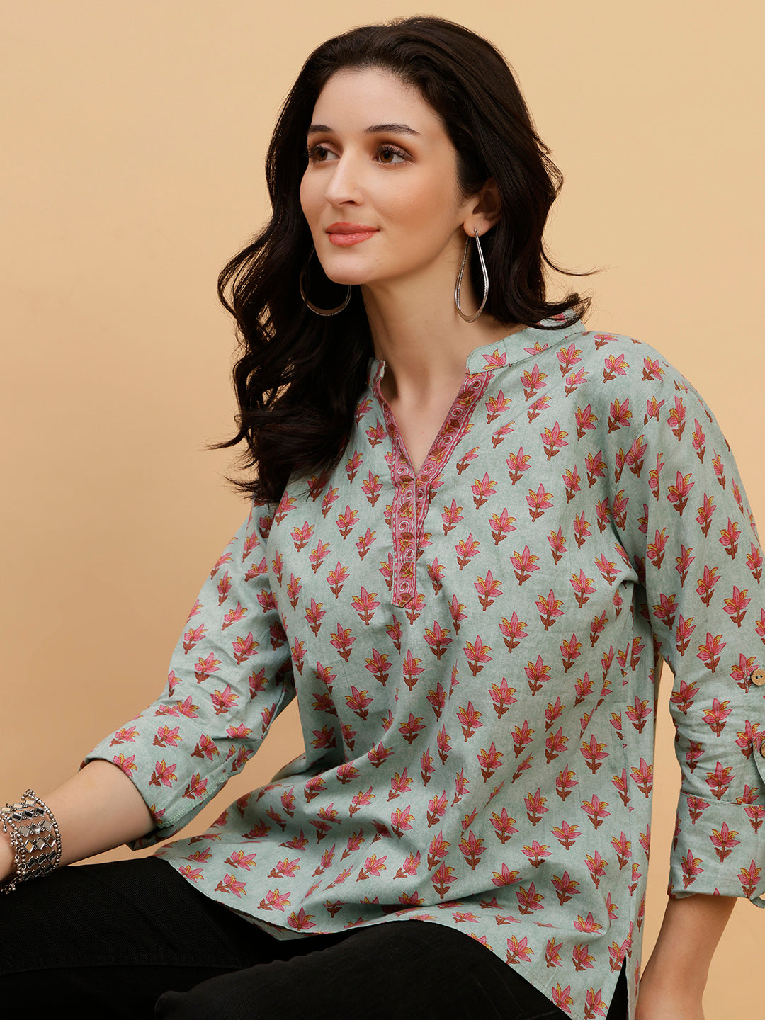 Women Green Printed Camric Casual Top (W1808)