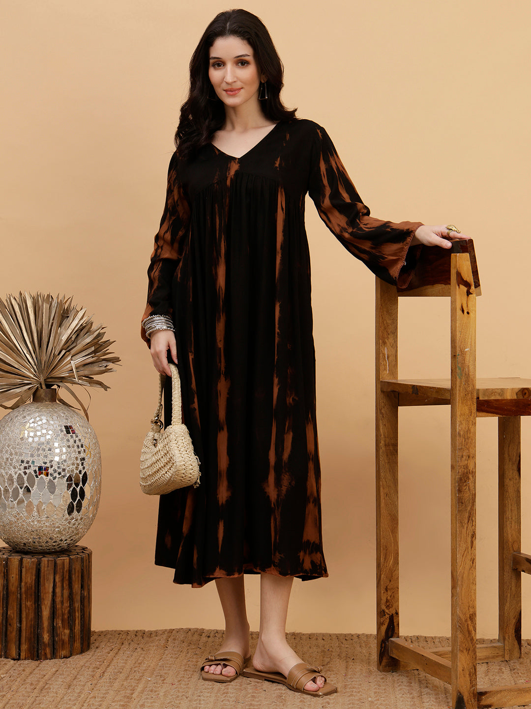 Women Hand Tie & Dye Black Rayon A-Line Dress (W1802)