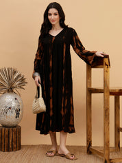 Women Hand Tie & Dye Black Rayon A-Line Dress (W1802)