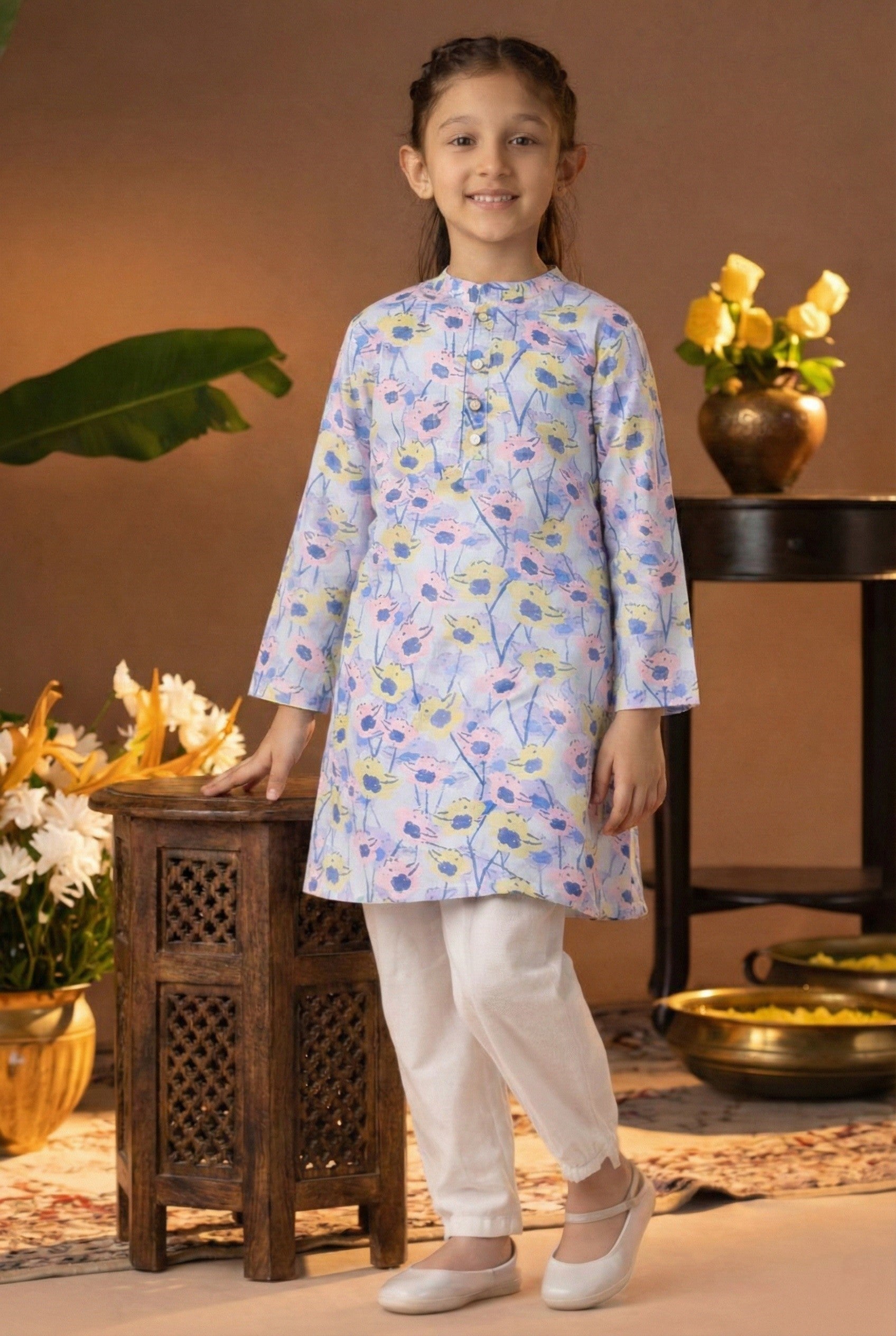 Printed Cotton Kurta Pyjama Set For Girls (K11082)