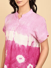 Women Casual Rayon Slub Tie & Dye Mandarin Short Sleeves Regular Fit Top (W1701)