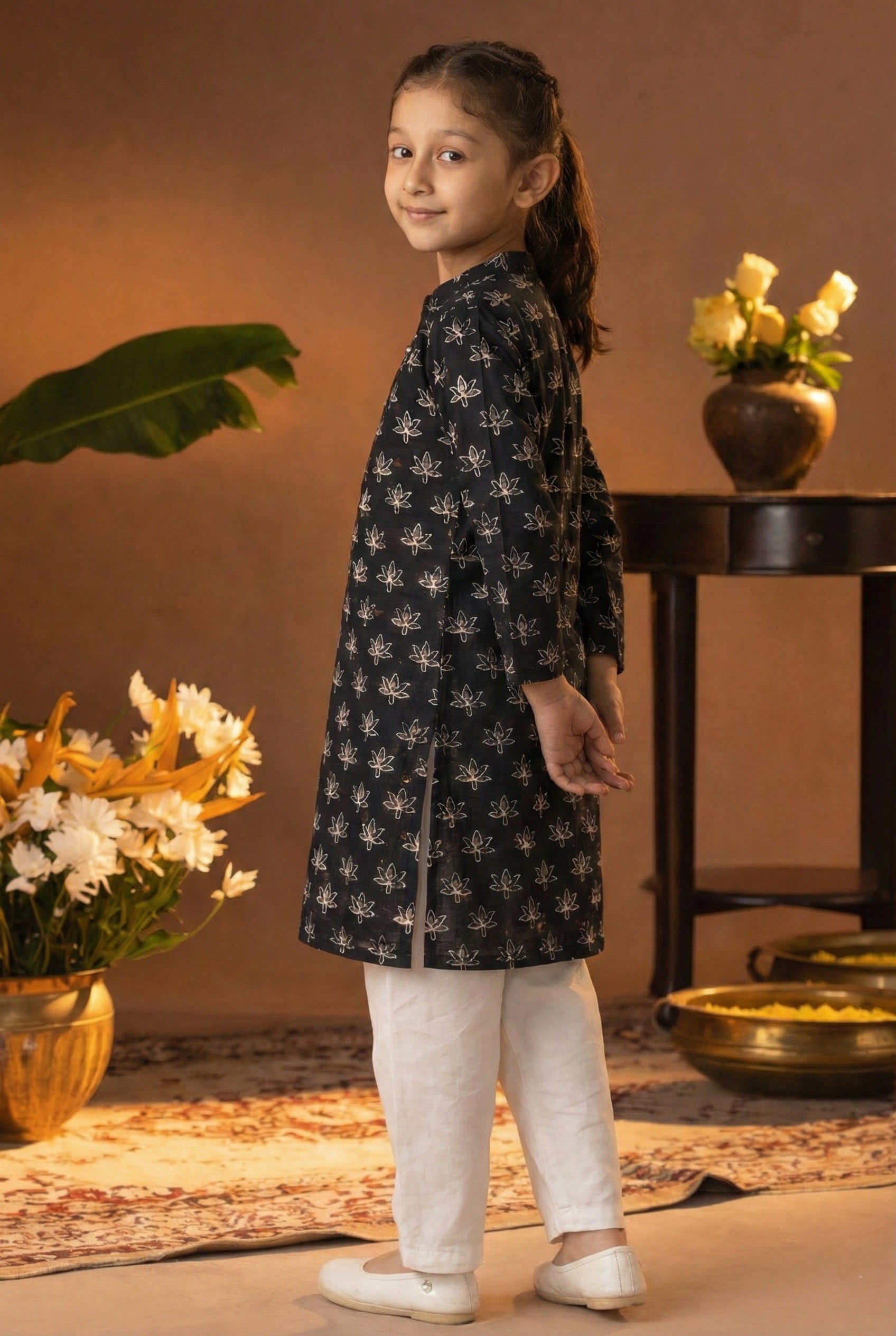 Printed Cotton Kurta Pyjama Set For Girls (K11083)