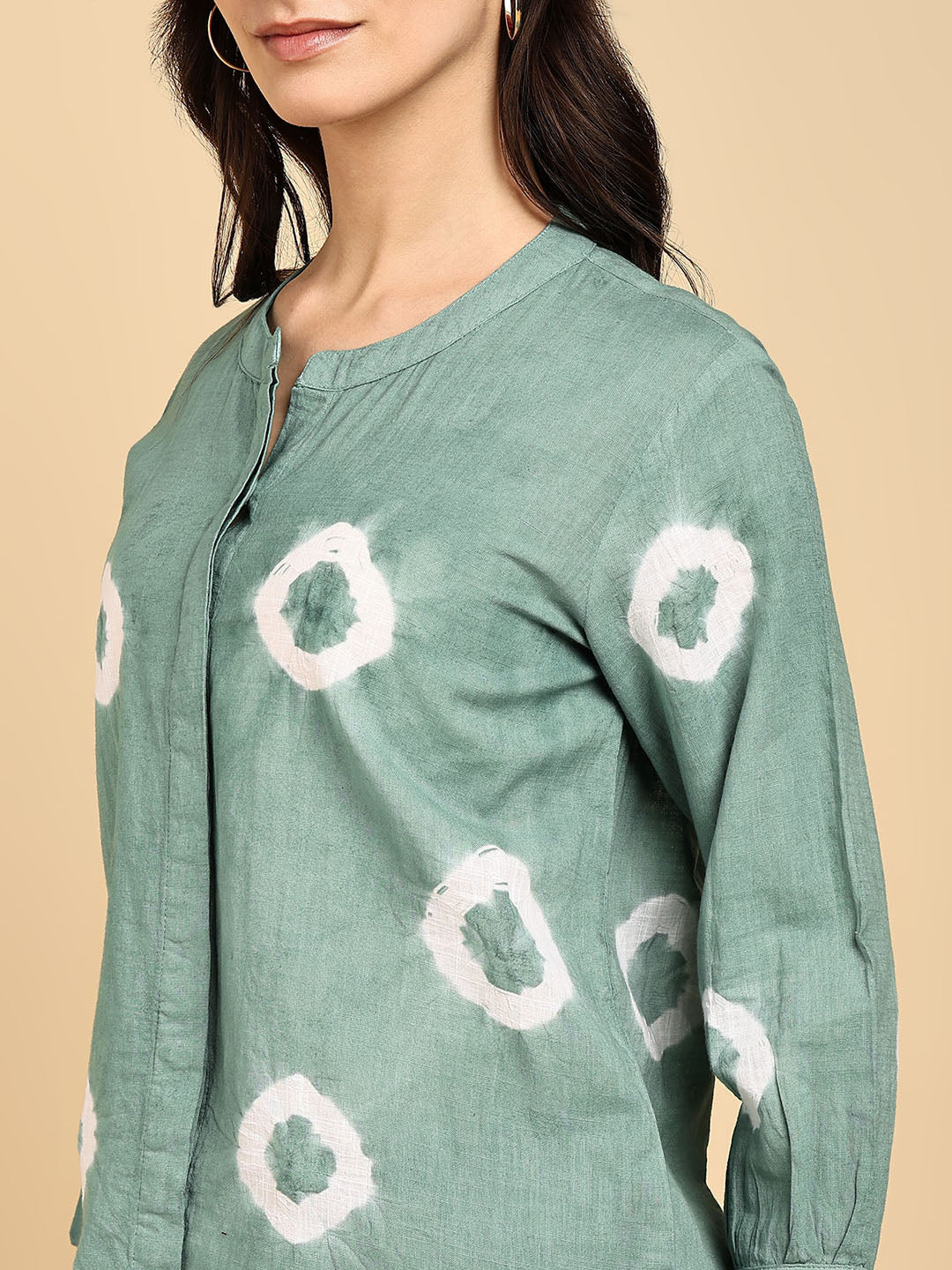 Women Casual Cotton Slub Tie & Dye Mandarin Full Sleeves Regular Fit Shirt (W1719)