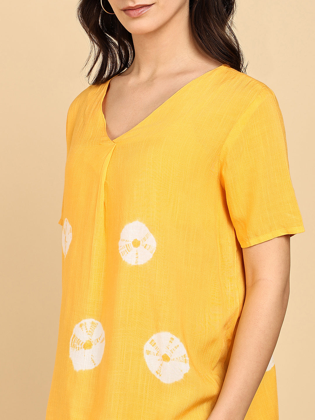 Women Casual Rayon Slub Tie & Dye V-Neck Short Sleeves Regular Fit Top (W1687)