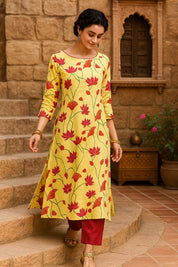 Women Handmade Floral Pure Cotton Straight Yellow Kurta (W1584)