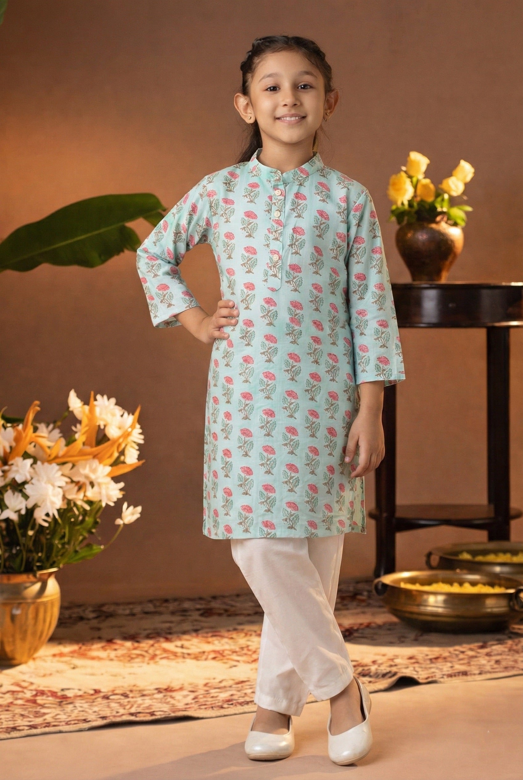 Printed Cotton Kurta Pyjama Set For Girls (K1055)