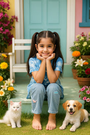 Light Blue Ombre Tie & Dye Mandarin Collar Rayon Slub Top For Girls (K11065)