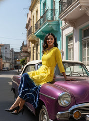 Rayon Tie Dye A-Line Navy Blue Midi Dress With Tie-Up Belt (W1242)