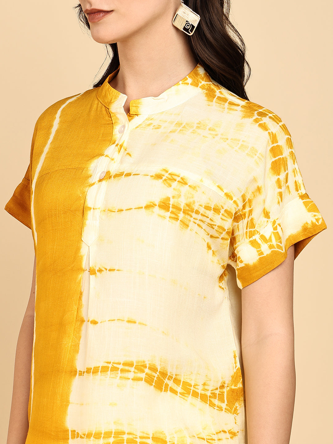 Women Casual Rayon Slub Tie & Dye Mandarin Short Sleeves Regular Fit Top (W1703)