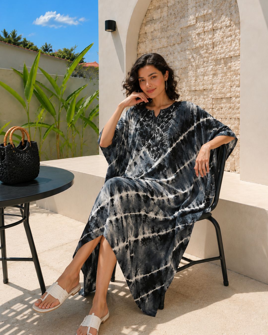Women Hand Tie & Dye Rayon Staple Kaftan Dress (W1380)