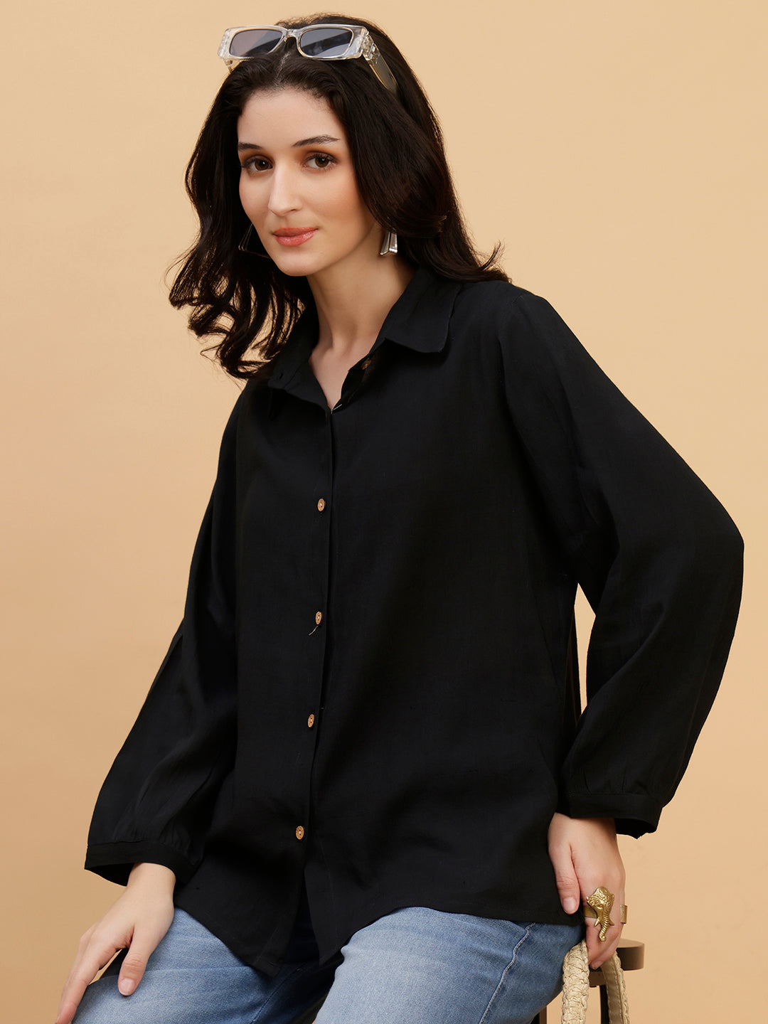 Women Black Solid Rayon Casual Regular Fit Shirt (W1782)