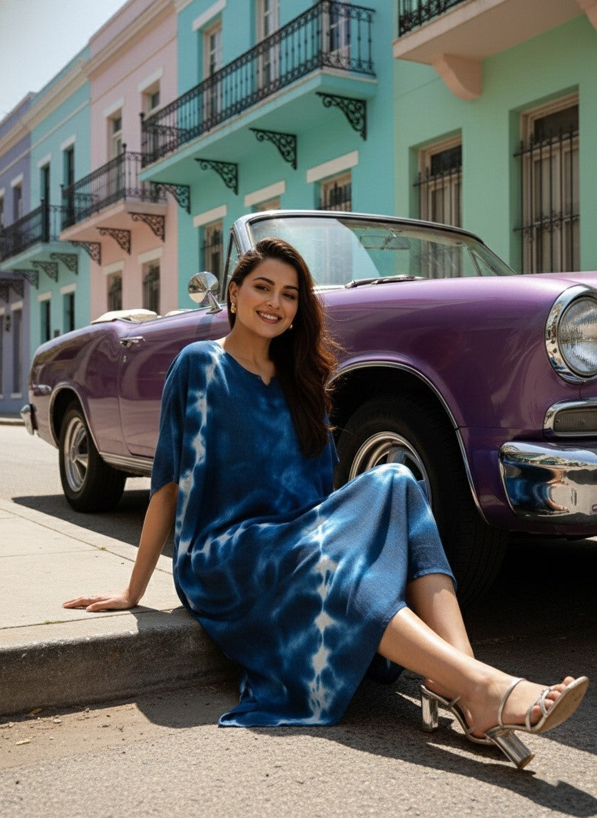 Women Rayon Crepe Tie & Dye Blue Kaftan Dress (W1348)