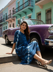Women Rayon Crepe Tie & Dye Blue Kaftan Dress (W1348)