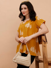 Women Cotton Printed Mustard Casual Top (W1794)