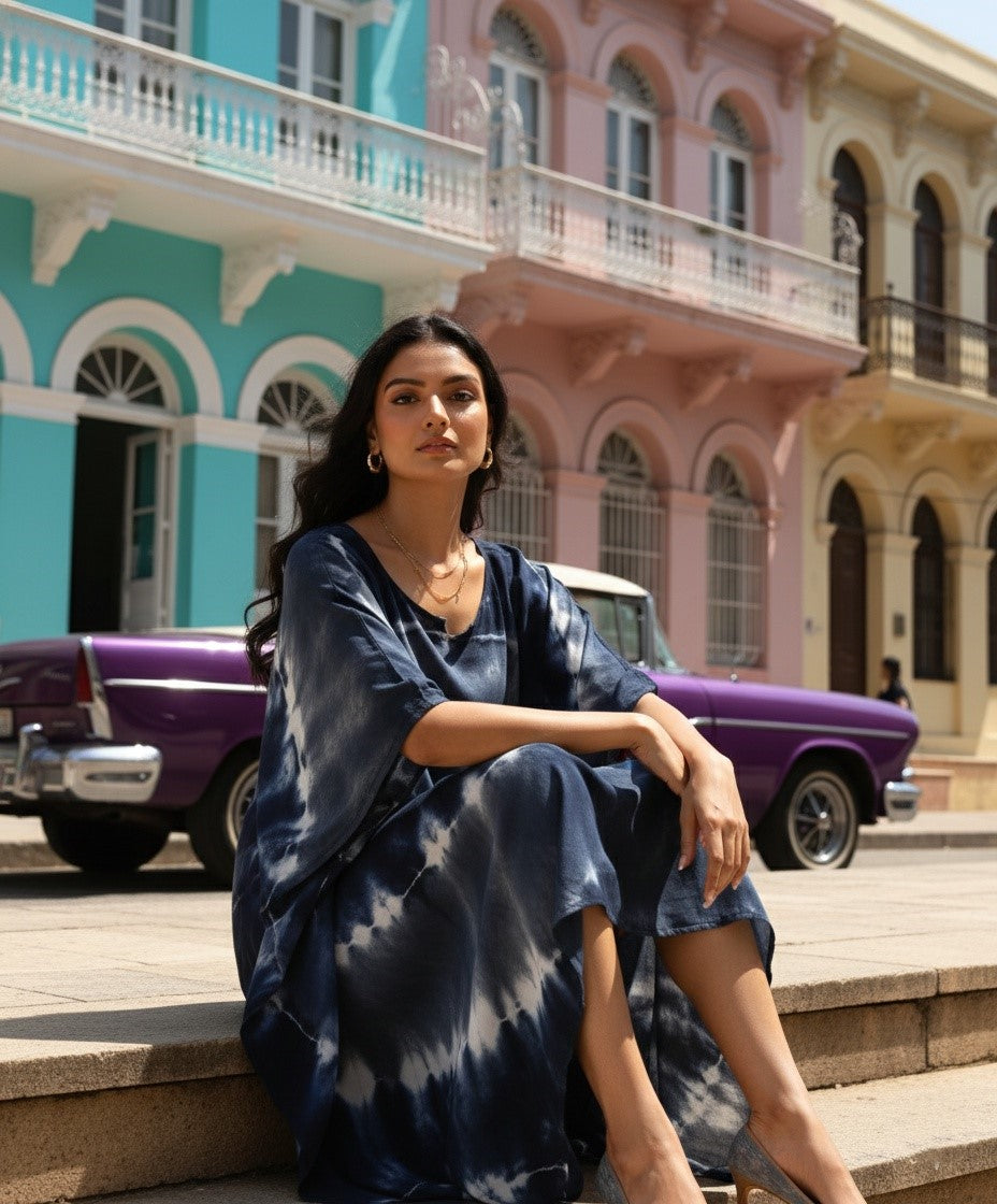 Rayon Hand Dyed Tie Dye Dark Blue Kaftan Dress (W1187)