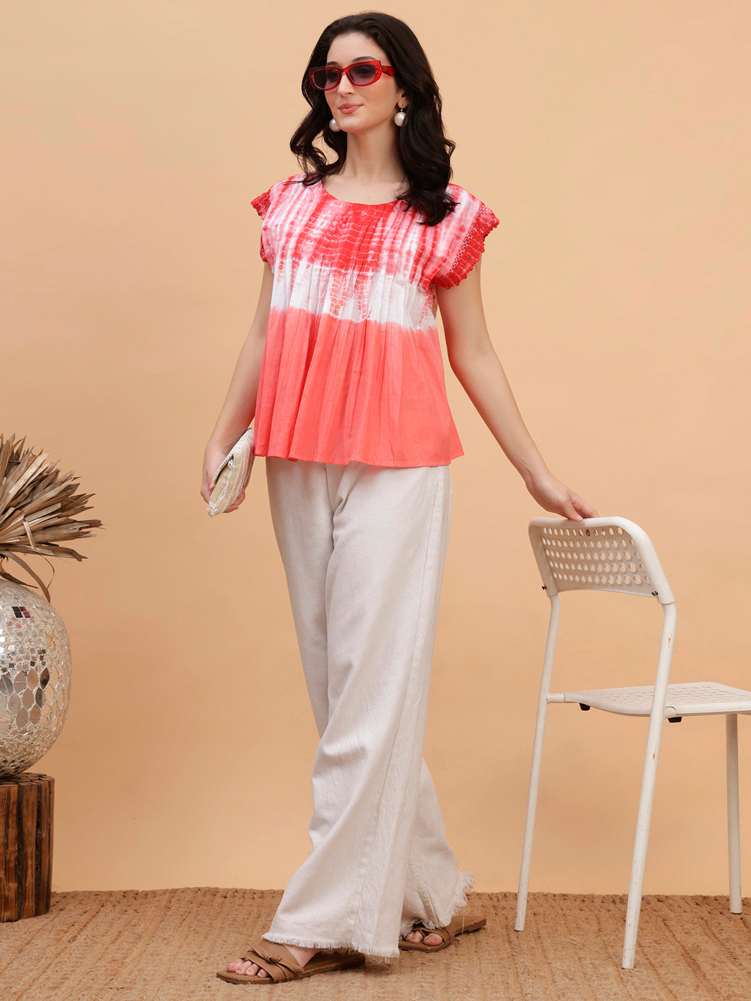 Women Red Tie & Dye Camric Casual Top (W1807)