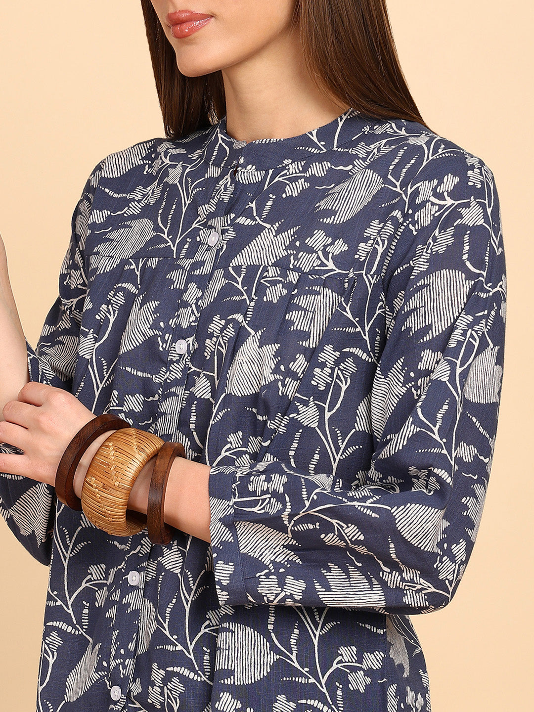 Women Cotton Slub Printed Mandarin Collar Regular Fit Shirt (W1767)