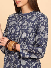 Women Cotton Slub Printed Mandarin Collar Regular Fit Shirt (W1767)