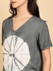 Women Casual Rayon Slub Tie & Dye V-Neck Short Sleeves Regular Fit Top (W1686)