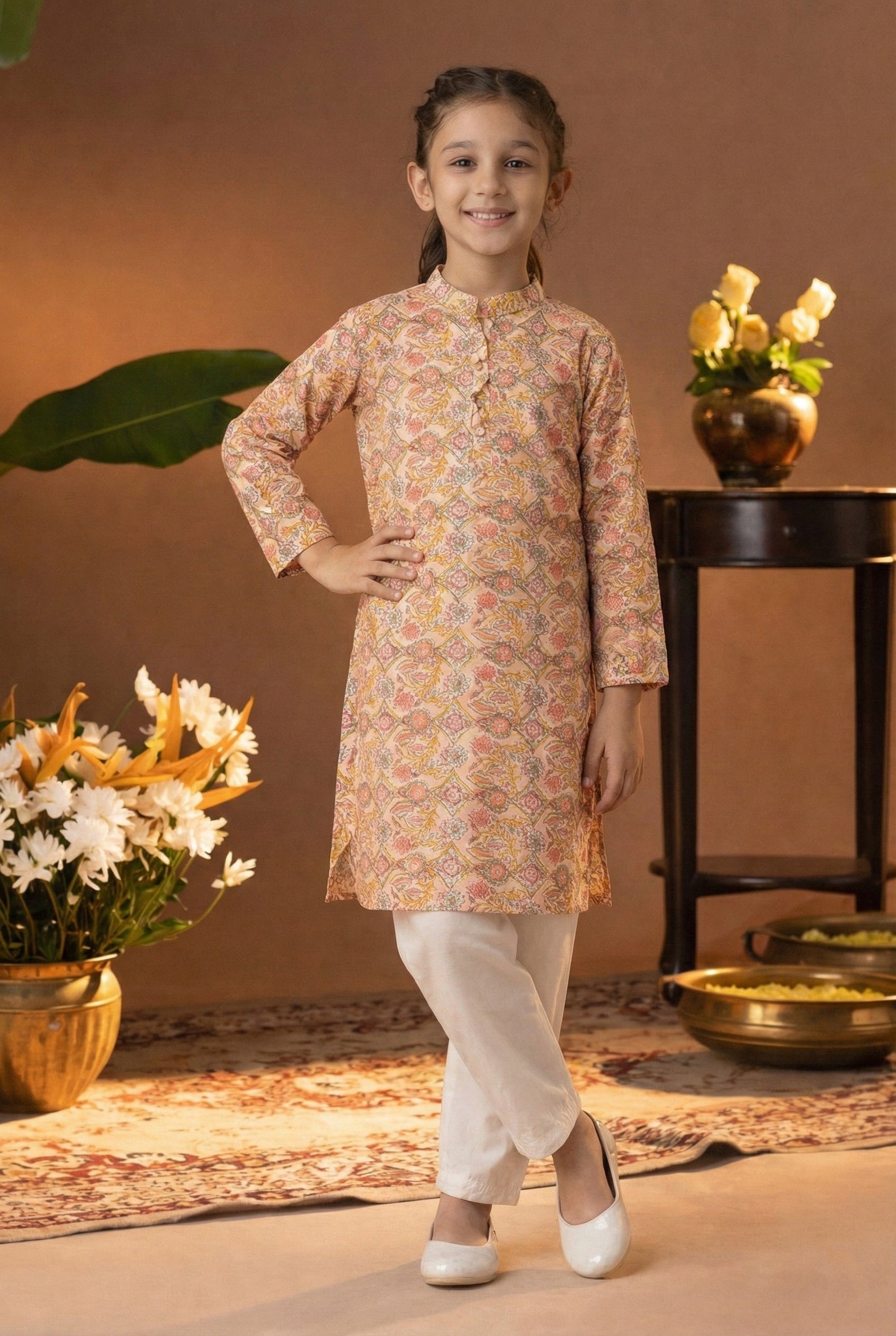 Printed Cotton Kurta Pyjama Set For Girls (K1054)