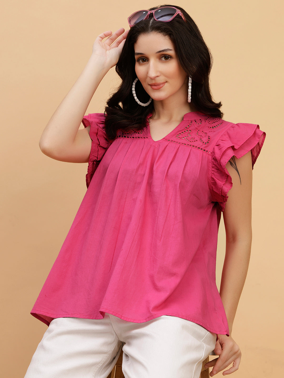 Women Pink Tie-Dye Camric Casual Regular Fit Top (W1800)